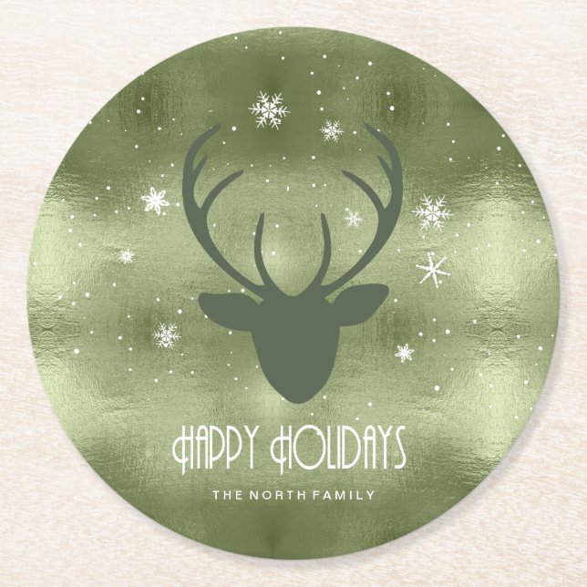 Deer Antlers Silhouette & Snowflakes Green ID861 Round Paper Coaster (Front)