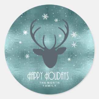 Deer Antlers Silhouette & Snowflakes Teal ID861 Classic Round Sticker