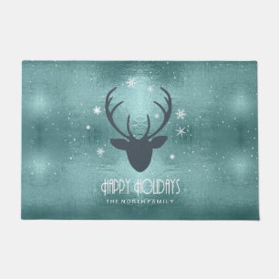 Deer Antlers Silhouette & Snowflakes Teal ID861  Doormat