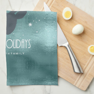 Deer Antlers Silhouette & Snowflakes Teal ID861 Kitchen Towel