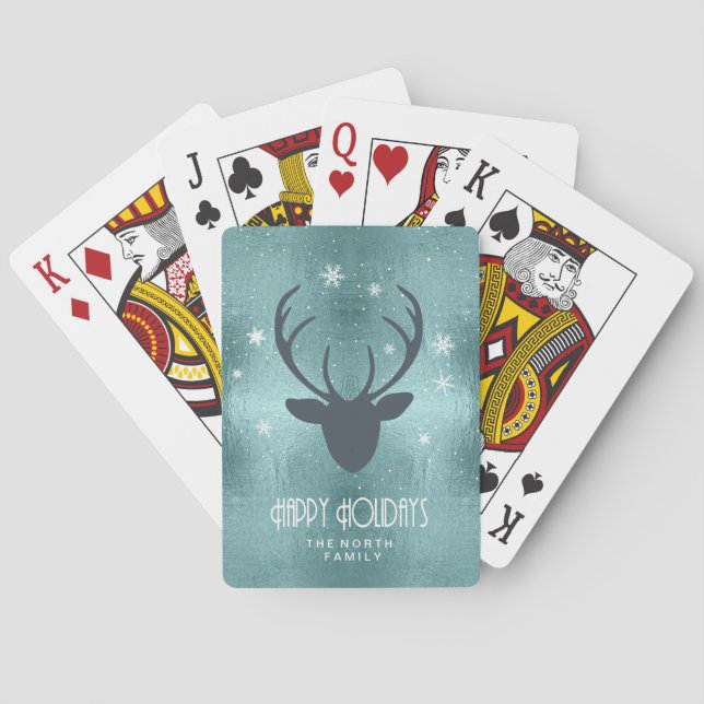 Deer Antlers Silhouette & Snowflakes Teal ID861 Playing Cards (Back)