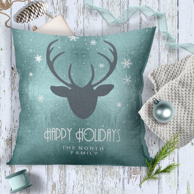 Deer Antlers Silhouette & Snowflakes Teal ID861  Throw Pillow (Creator Uploaded)