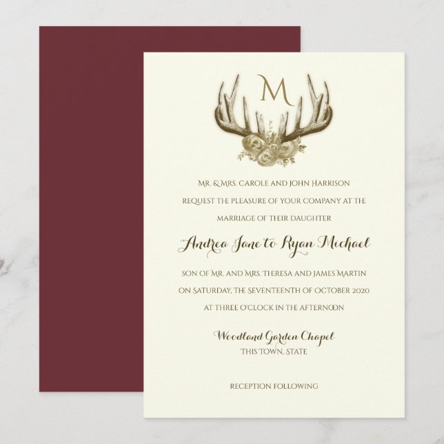 Deer Antlers Vintage Woodland Wedding Invitation (Front/Back)