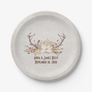 deer antlers with autumn floral bouquet paper plate