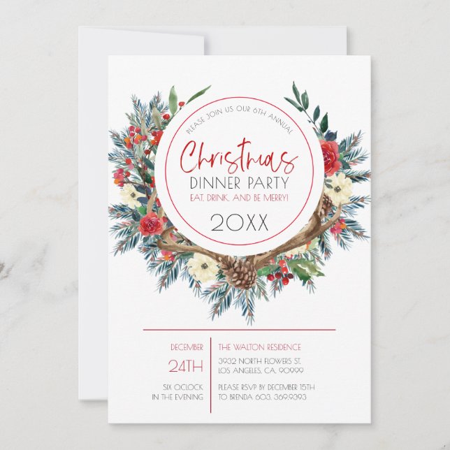 Deer antlers with Christmas flowers wreath Holiday Card (Front)