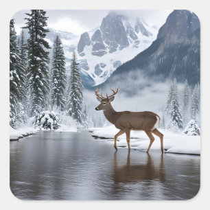 Deer at a River in Winter Square Sticker
