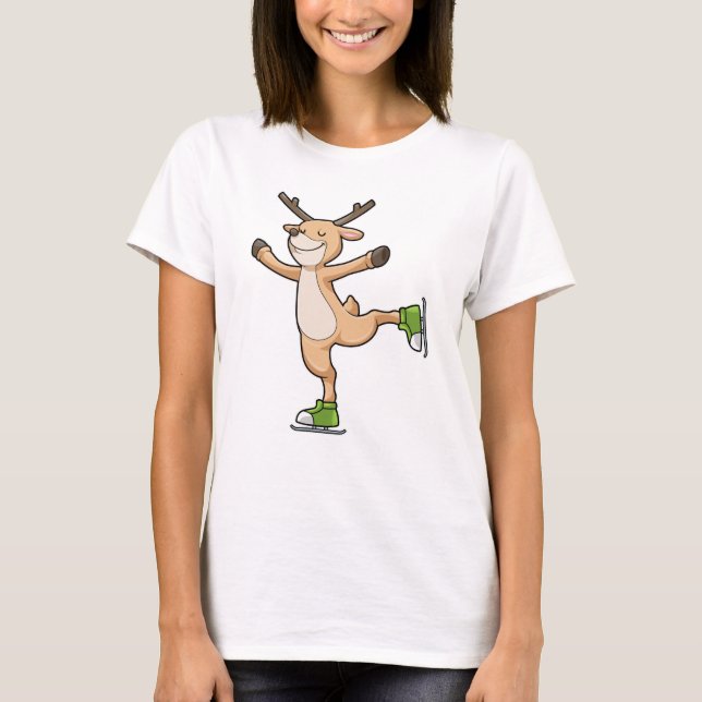Deer at Ice skating with Ice skates T-Shirt (Front)