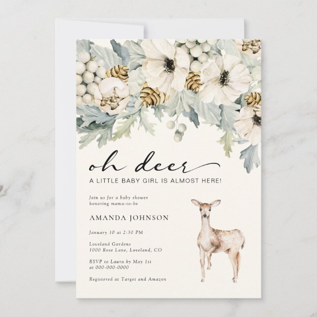 Deer Baby Girl Shower Invitation (Front)