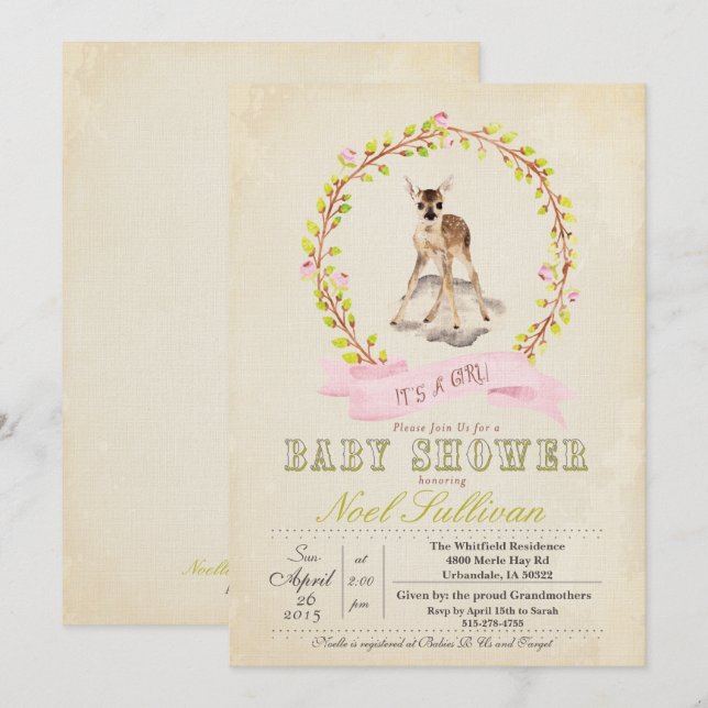 Deer Baby Shower Girl Invitation (Front/Back)
