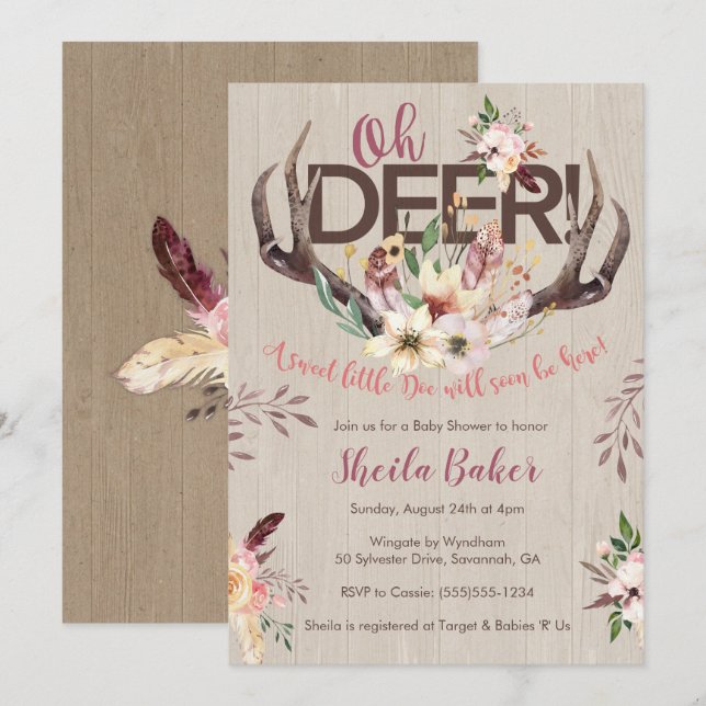 Deer Baby Shower Invitation - Antlers Invite Girl (Front/Back)