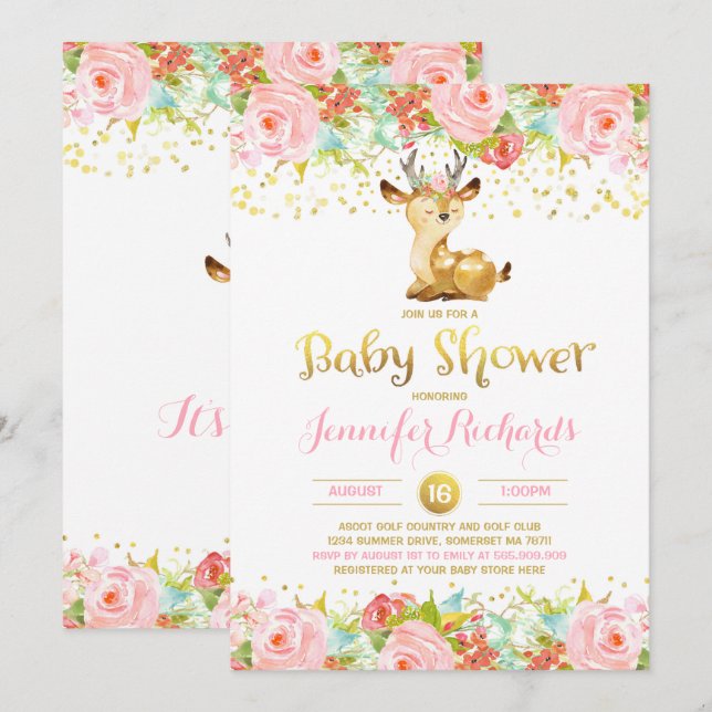 Deer Baby Shower Invitation Floral Pink & Gold (Front/Back)