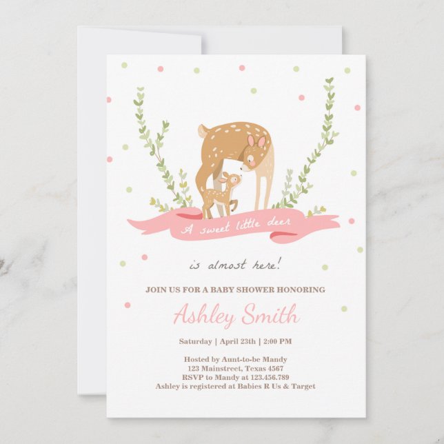 Deer baby shower invitation Woodland Forest Girl (Front)