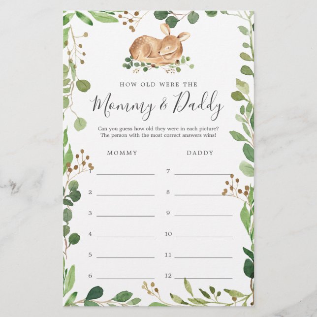 Deer Baby shower Quel Âge Avaient-Ils Jeu Carte (Devant)