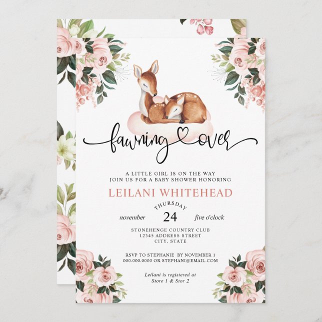 Deer Baby Shower Watercolor Botanical Fawning Over Invitation (Front/Back)