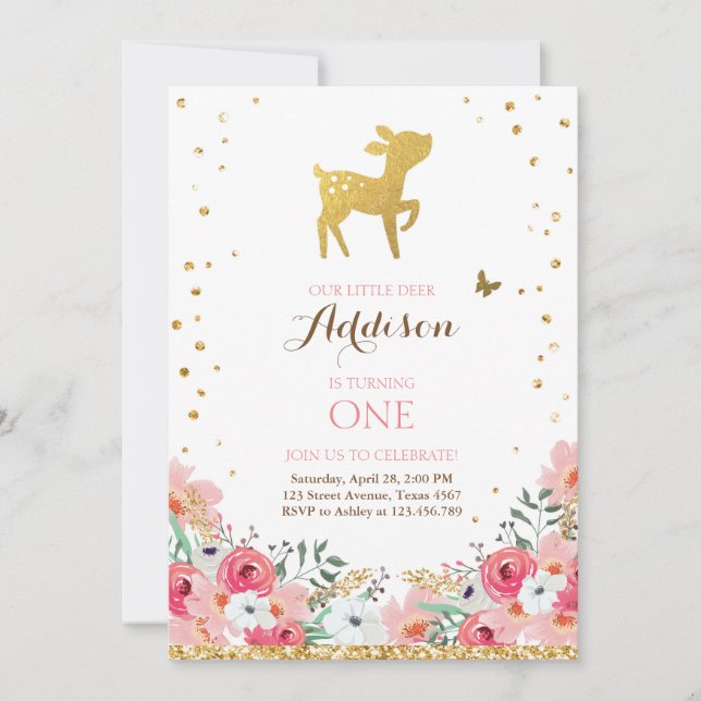 Deer birthday invite Woodland Gold Pink Floral (Front)