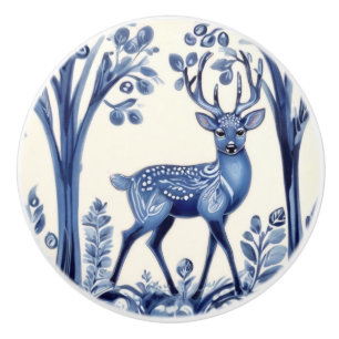 Deer Blue and White Woodland Folk Animal Art Ceramic Knob