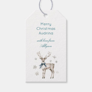 Deer Blue Bow Snowflakes Christmas Gift Tags