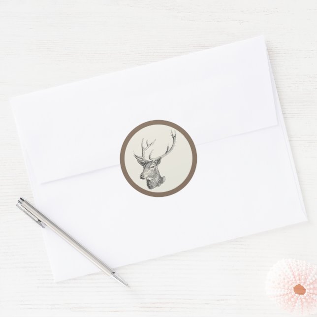 Deer Buck Head with Antlers Black and White Art Classic Round Sticker (Envelope)