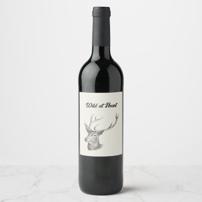 Deer Buck Head with Antlers Black and White Art Wine Label (Front)