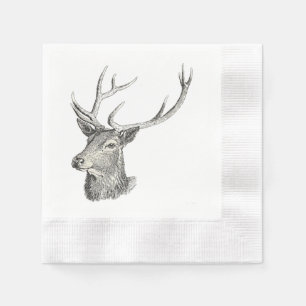 Deer Buck Head with Antlers Drawing Napkin