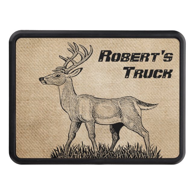 Deer Buck on Burlap Personalized Truck Trailer Hitch Cover (Front)