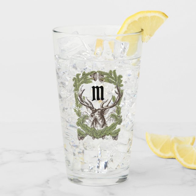 Deer Buck Pine Garland Monogram Man Cave Lodge Glass (Back Ice)