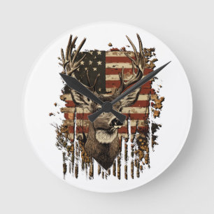 Deer, Buck Season USA Flag Round Clock