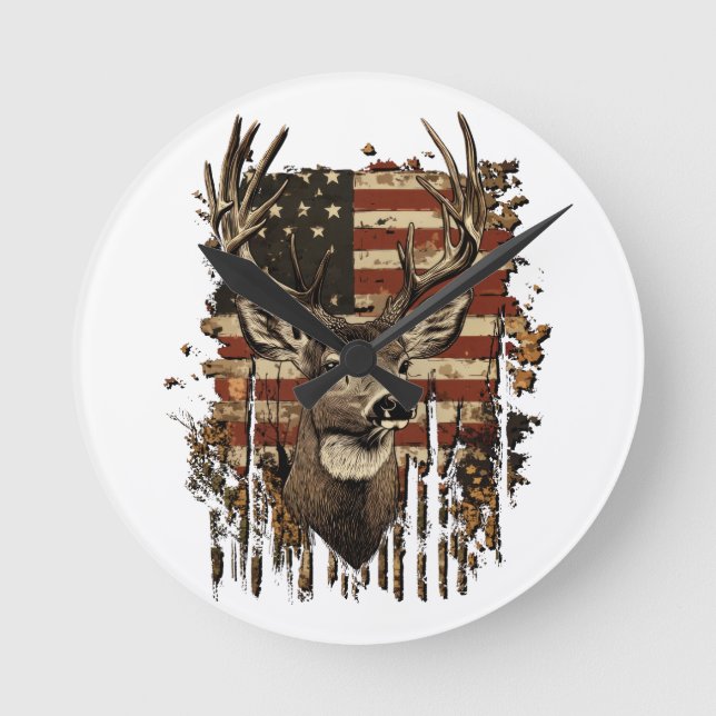 Deer, Buck Season USA Flag Round Clock (Front)