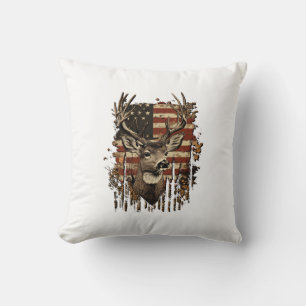 Deer, Buck Season USA Flag Throw Pillow