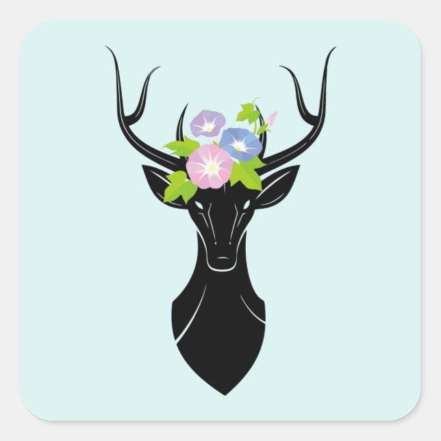Deer Buck Silhouette Morning Glory flowers Animals Square Sticker (Front)