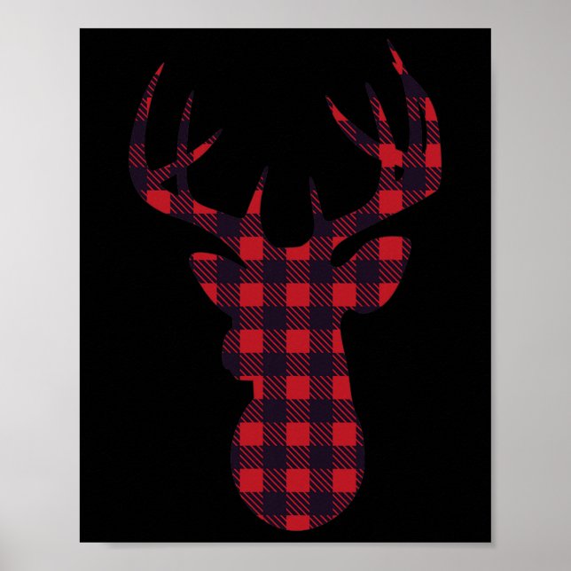 Deer Buck Silhouette Red Plaid Matching Christmas  Poster (Front)