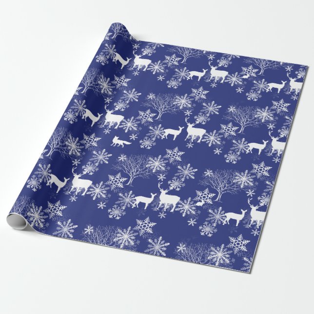 Deer Bunny Fox in Woods in Snow on Blue Gift Wrap (Unrolled)