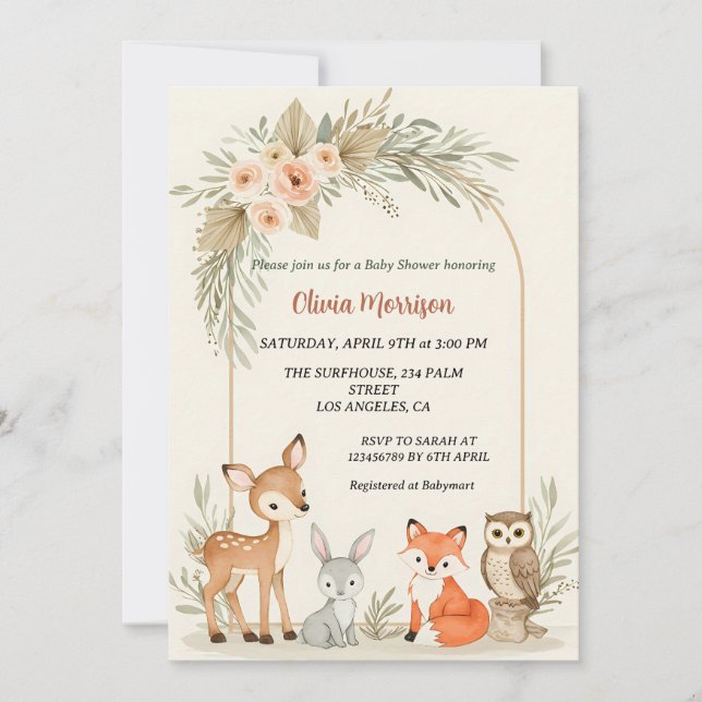 Deer, Bunny, Fox & Owl  Floral Arch Baby Shower Invitation (Front)