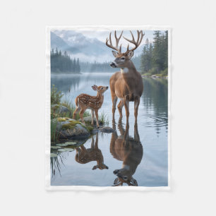 Deer By Mountain Lake Landscape Wildlife Fleece Bl Blanket