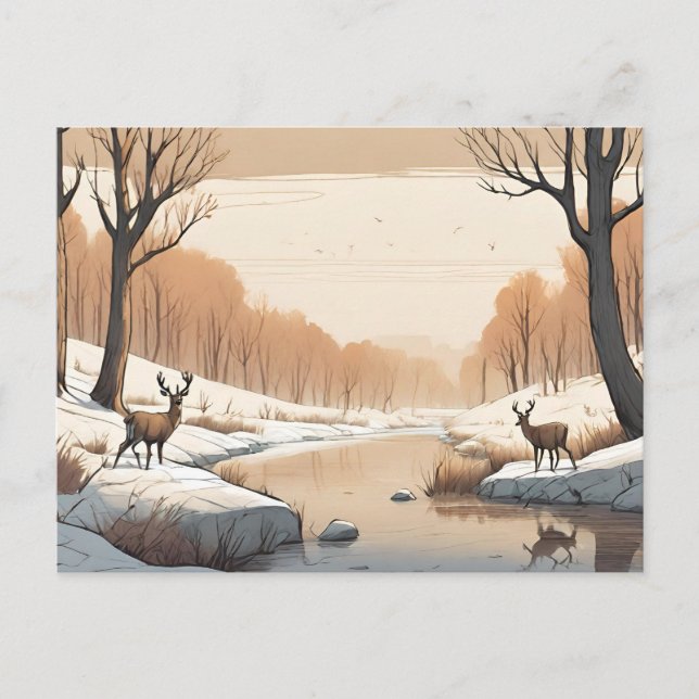 Deer by the River Wildlife Winter Landscape  Postcard (Front)