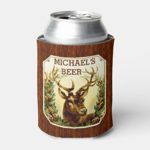 Deer Cabin Personalized Beer Rustic Wood Grain Can Cooler