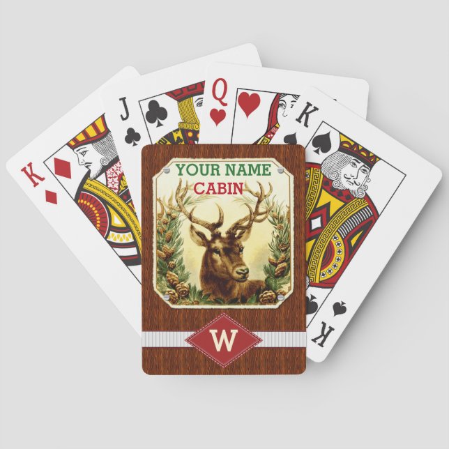 Deer Cabin Personalized Monogram with Wood Grain Playing Cards (Back)
