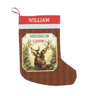 Deer Cabin Personalized Reindeer with Wood Grain Small Christmas Stocking
