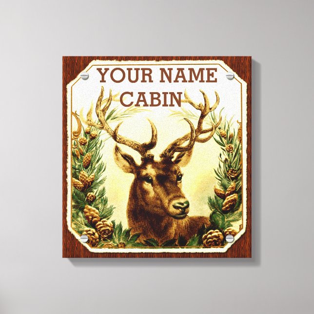 Deer Cabin Personalized with Wood Grain Canvas Print (Front)