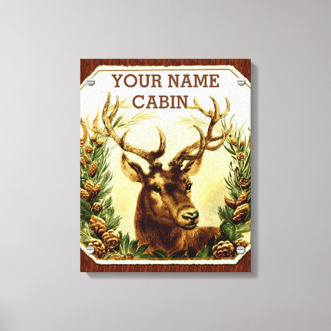 Deer Cabin Personalized with Wood Grain Canvas Print (Front)