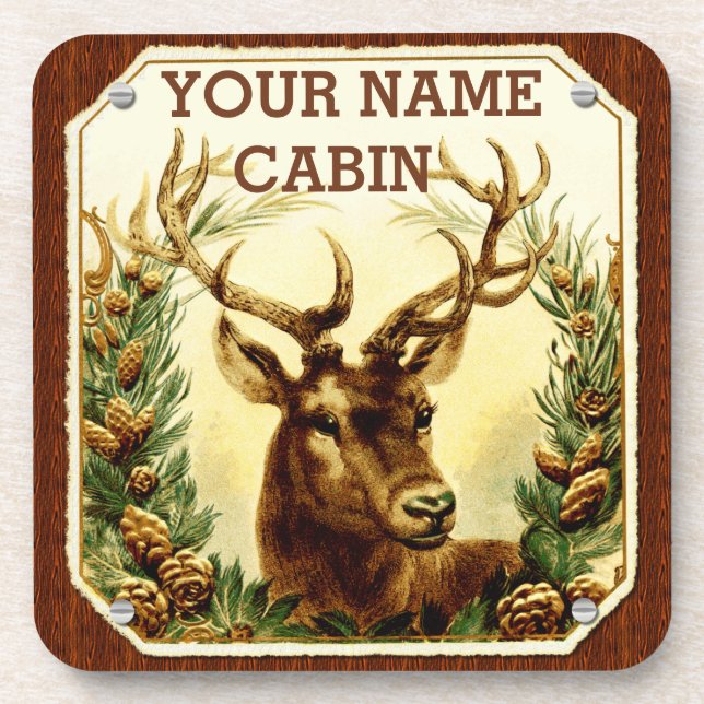 Deer Cabin Personalized with Wood Grain Coaster (Front)