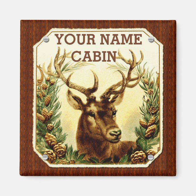 Deer Cabin Personalized with Wood Grain Magnet (Front)
