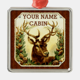 Deer Cabin Personalized with Wood Grain Metal Ornament