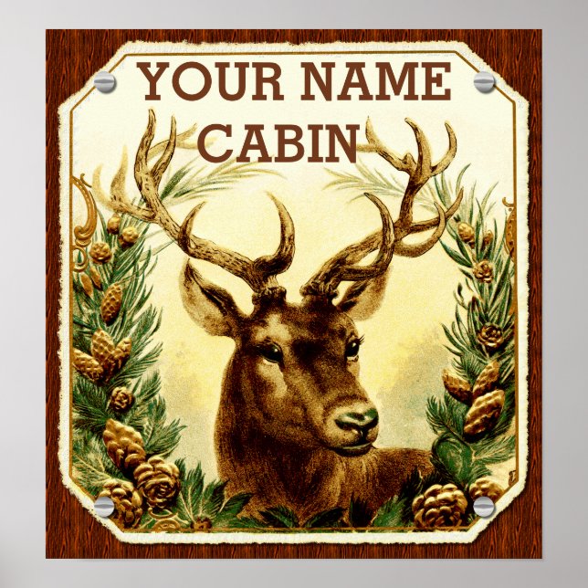 Deer Cabin Personalized with Wood Grain Poster (Front)