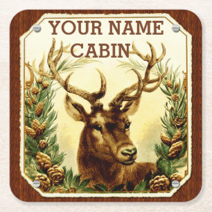 Deer Cabin Personalized with Wood Grain Square Paper Coaster