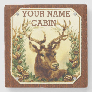 Deer Cabin Personalized with Wood Grain Stone Coaster