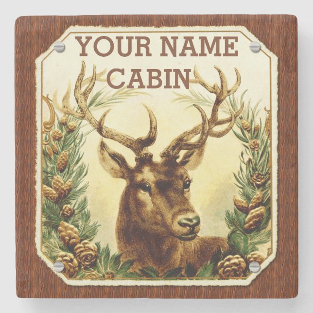 Deer Cabin Personalized with Wood Grain Stone Coaster (Front)