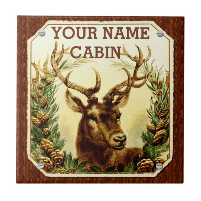 Deer Cabin Personalized with Wood Grain Tile (Front)