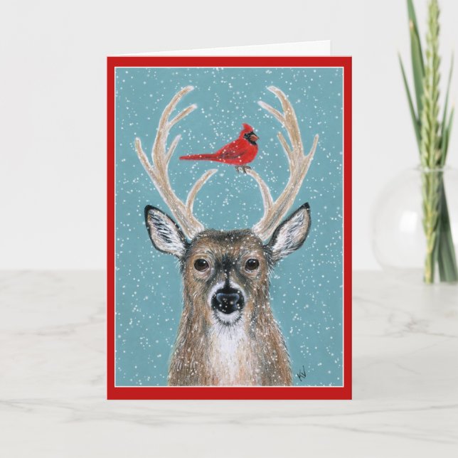 Deer, Cardinal, Snow, Christmas Holiday card (Front)