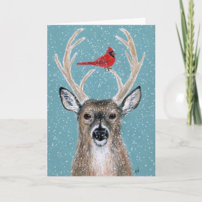 Deer, Cardinal, Snow, Christmas Holiday card (Front)
